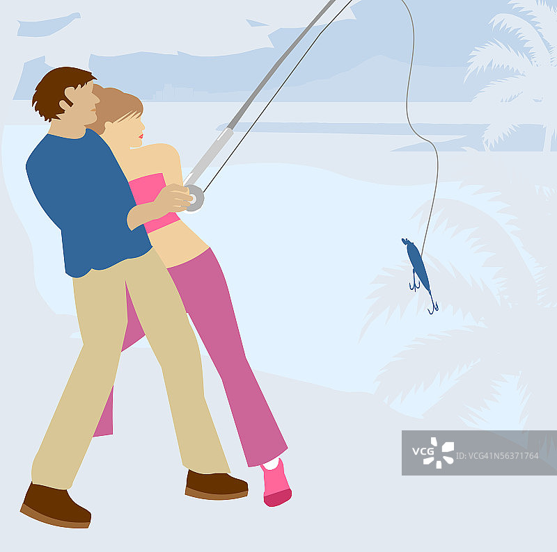 一对情侣一起钓鱼的侧面图图片素材