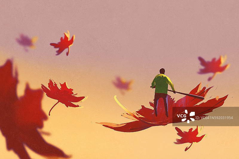 秋天的落叶带着小男人，插画图片素材