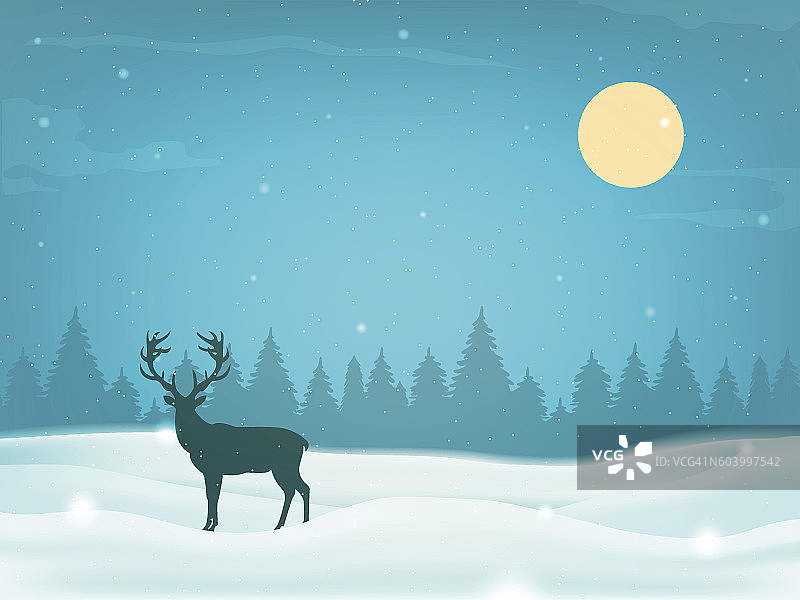 冬季景观背景与冬季树和驯鹿的剪影。向量图片素材