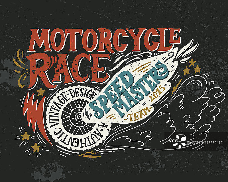摩托车比赛。手绘垃圾复古插图与手刻字图片素材