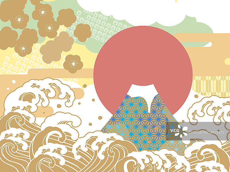 海和吉祥的富士山插图图片素材