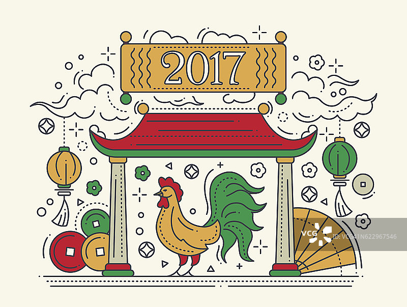 2017年新年快乐——带有一只公鸡的节日海报图片素材