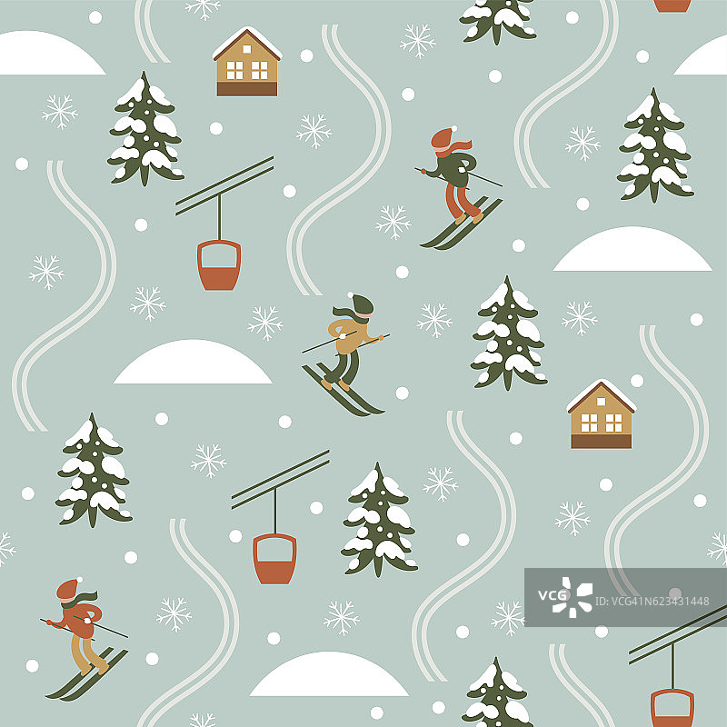 圣诞插图，滑雪胜地，无缝模式图片素材