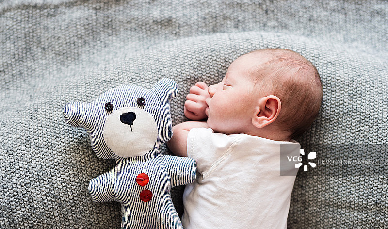 刚出生的男婴躺在床上和泰迪熊一起睡觉图片素材