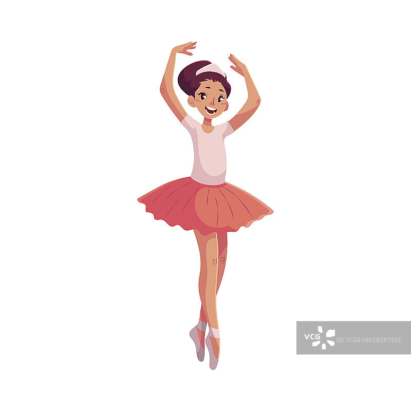 穿着粉色芭蕾舞裙的小芭蕾舞女演员踮起脚尖，双手向上图片素材