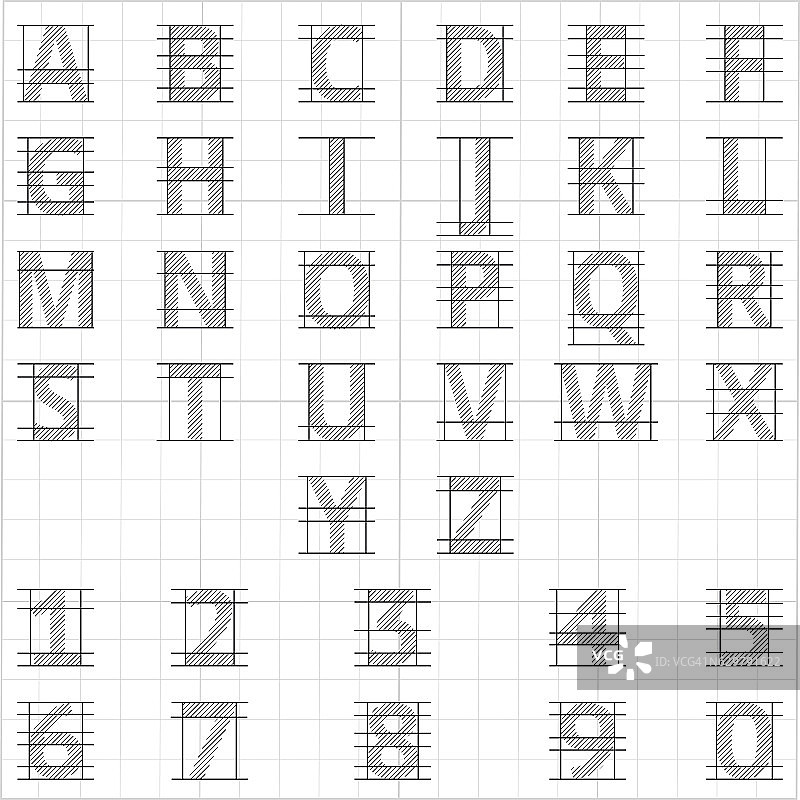 图纸字母表。矢量画草图字母图片素材
