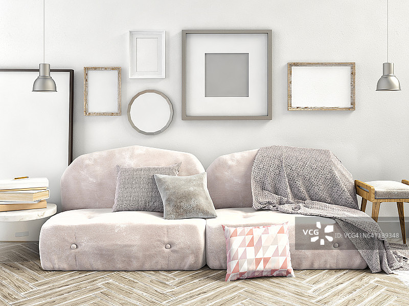 3d插图，室内米色天鹅绒沙发。图片素材