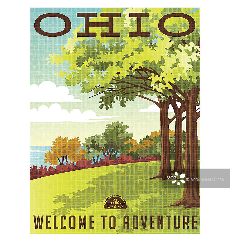 俄亥俄州旅游海报或贴纸。俯瞰伊利湖的公园矢量图。图片素材