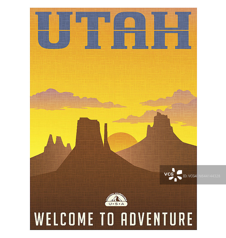 犹他州旅游海报或贴纸。日落时的纪念碑谷矢量图。图片素材