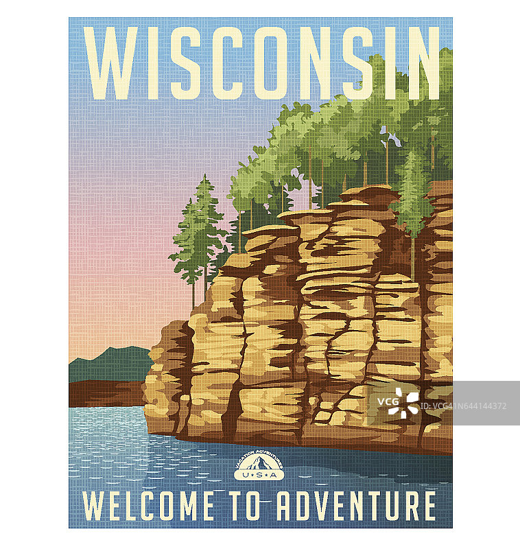 威斯康星州旅游海报或贴纸。威斯康辛河上的砂岩悬崖的矢量图。图片素材