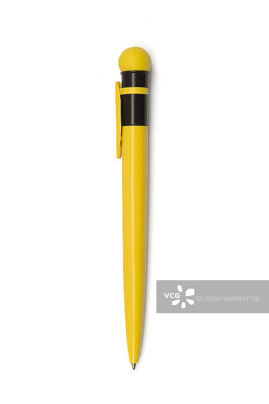 黄色塑料圆珠笔孤立在白色裁剪路径图片素材