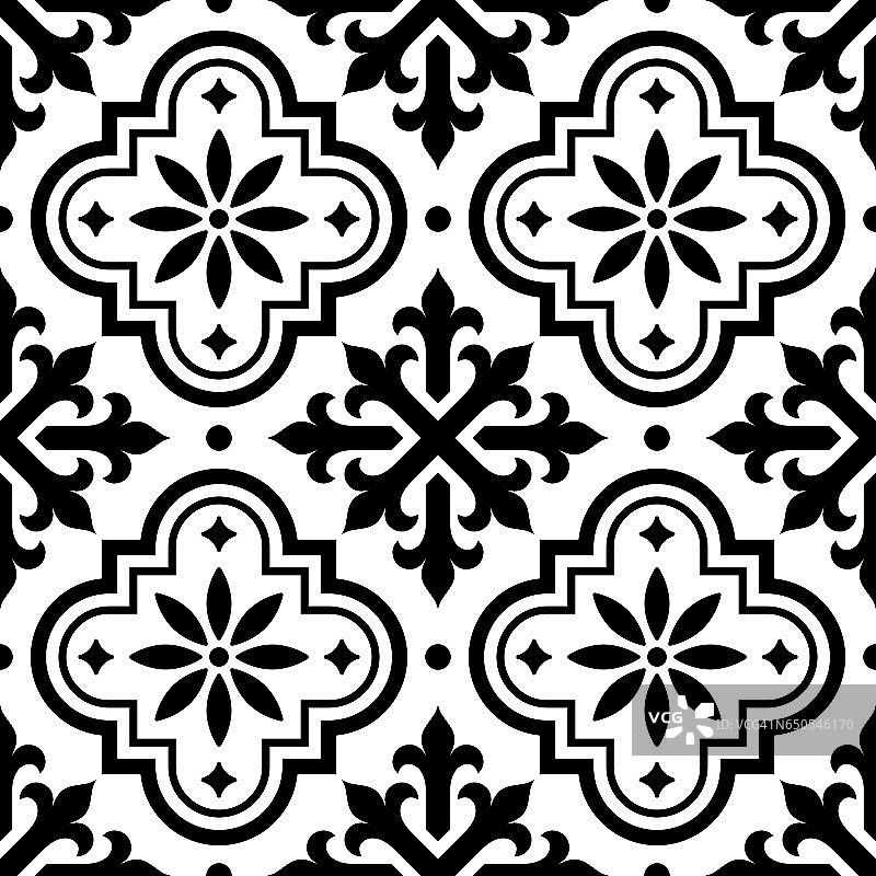 西班牙瓷砖图案，摩洛哥瓷砖设计，无缝黑白背景-阿苏莱霍图片素材