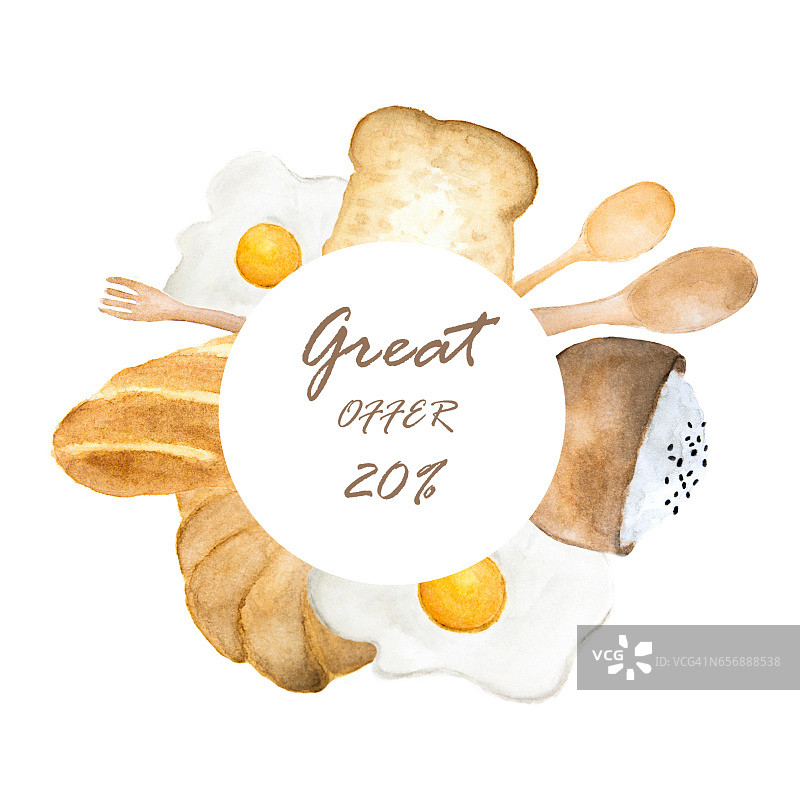 手绘食品特价。早餐圈框架插图。面包，煎蛋和米饭在碗画图片素材