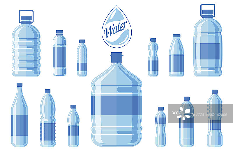 塑料水瓶设置孤立的白色背景。健康水樽矢量插图图片素材
