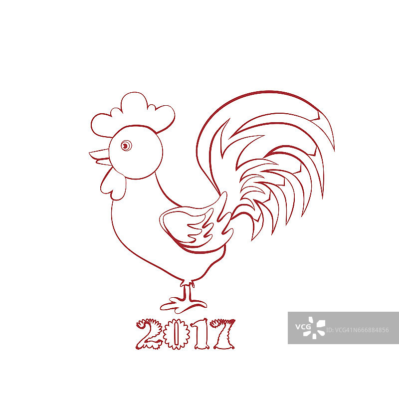 装饰线公鸡图形手绘矢量卡通涂鸦插画，动物孤立在白色，象征2017年在中国历法，剪影红公鸡，人物设计为新年图片素材