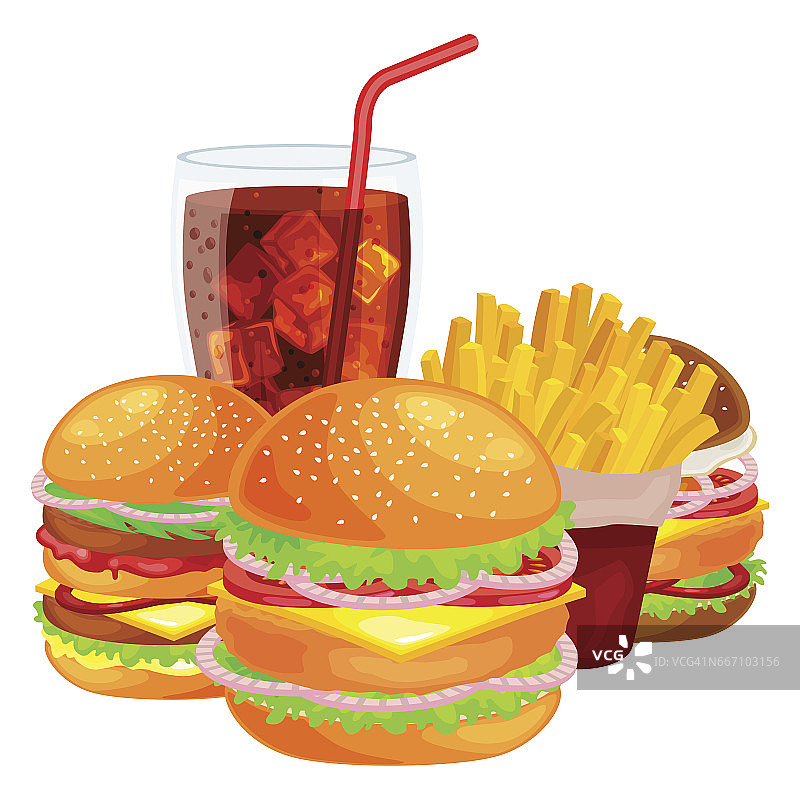 一套美味的汉堡、烤牛肉和新鲜蔬菜配酱面包为小吃，美式汉堡快餐餐薯条配冷苏打水棕色冰饮矢量插图背景图片素材