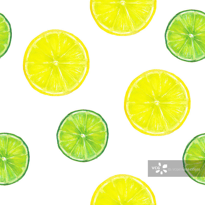 水彩无缝纹理与柠檬片和酸橙在白色的背景图片素材