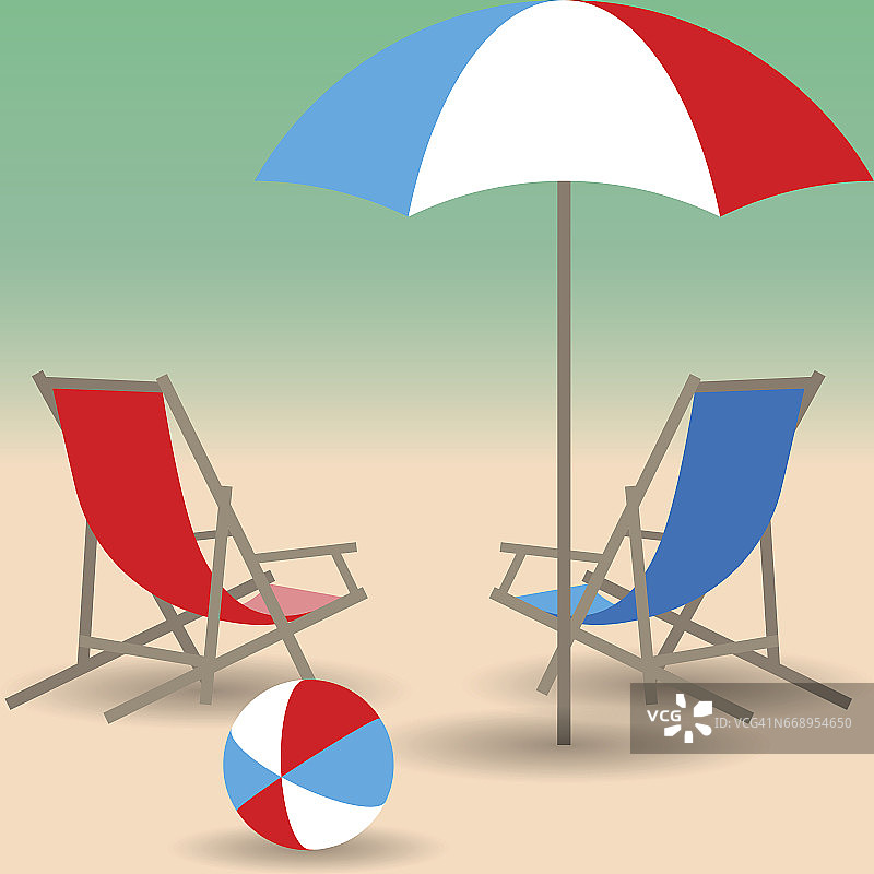 夏日沙滩上的雨伞、沙滩椅和球图片素材