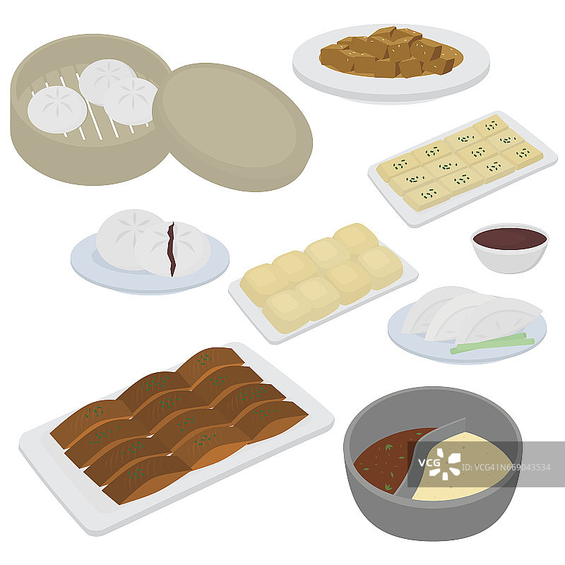 集中餐平面设计元素。亚洲街头美食菜单。传统菜肴北京烤鸭，汤锅子，猪肉和豆腐。饺子，饺子和包子，面条和包子图片素材