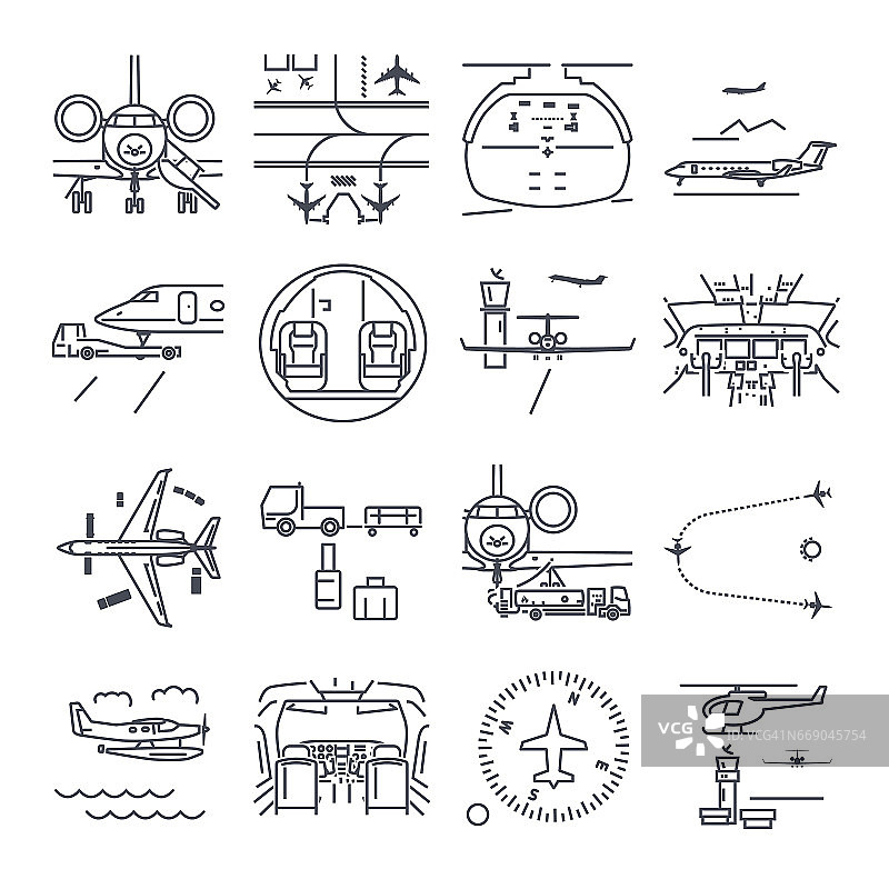 一套细线图标机场和飞机，商务飞机图片素材