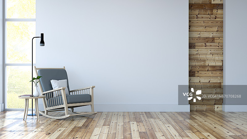 白色房间内部，躺椅在木地板和白色墙壁/3d渲染图片素材