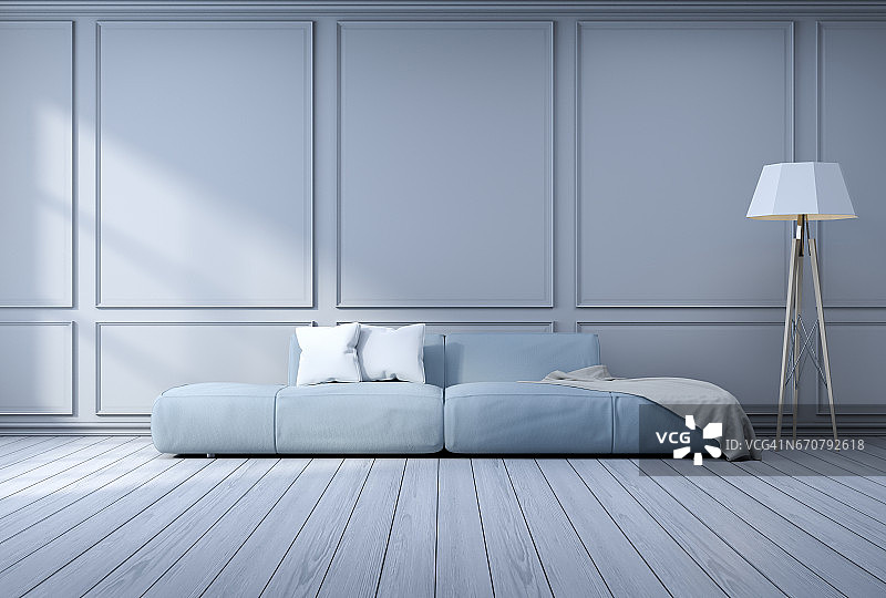极简主义的室内设计，浅灰色沙发与灯在灰色框架墙和硬木地板，3d渲染图片素材