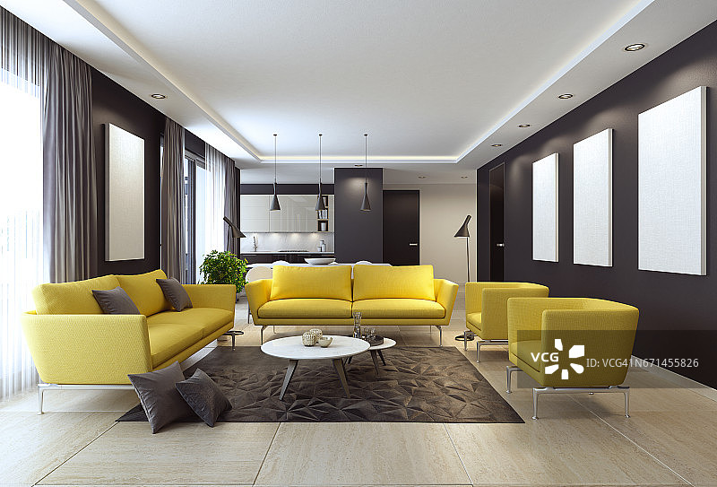 豪华的客厅内部配备现代黄色家具和厨房图片素材