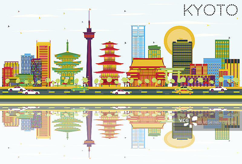 京都天际线与彩色建筑，蓝天和反射。图片素材