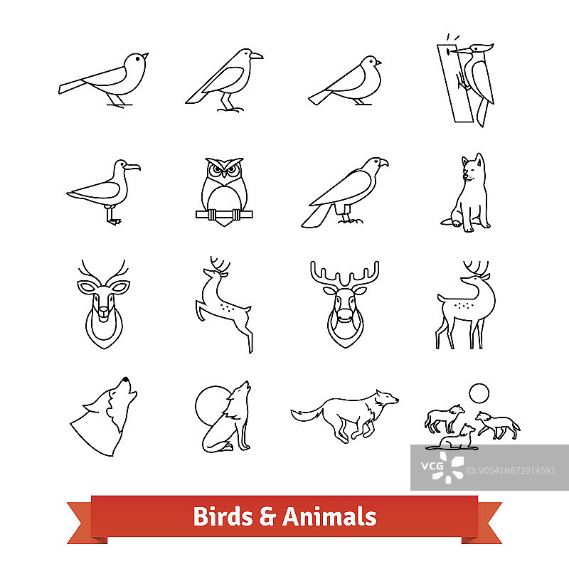 野生动物和鸟类细线艺术图标集图片素材
