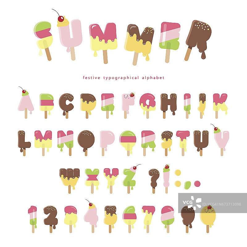 冰淇淋融化的字体。冰棒五颜六色的字母和数字可以用于夏季设计。孤立在白色的。图片素材