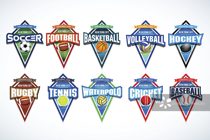 丰富多彩的体育标志集足球、足球、篮球、排球、曲棍球、橄榄球、网球、水球、板球、棒球。图片素材