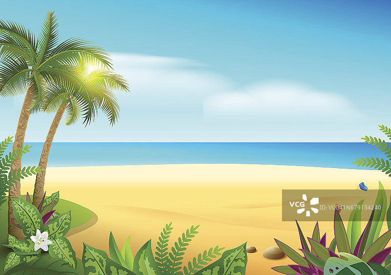 热带天堂岛沙滩，棕榈树和大海图片素材