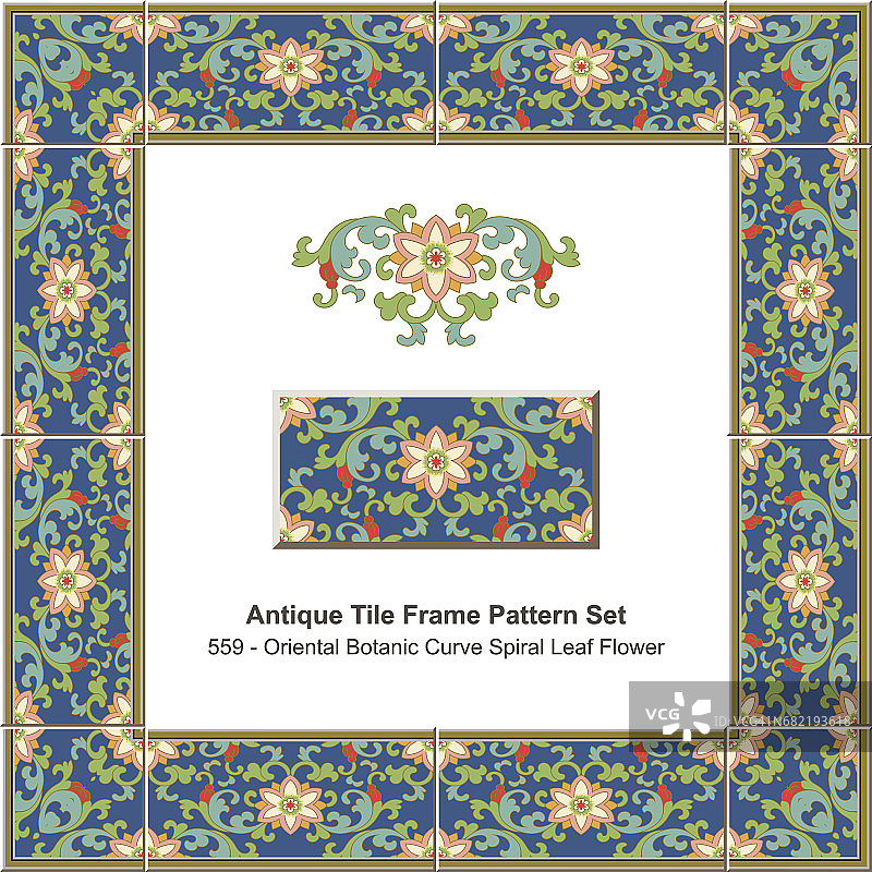 仿古瓷砖框架图案设置东方植物曲线螺旋叶花图片素材