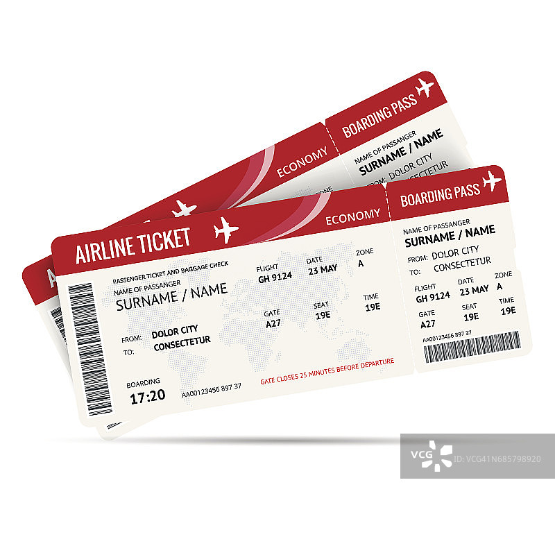 乘坐飞机的机票或登机牌在白色隔离上。矢量插图。图片素材