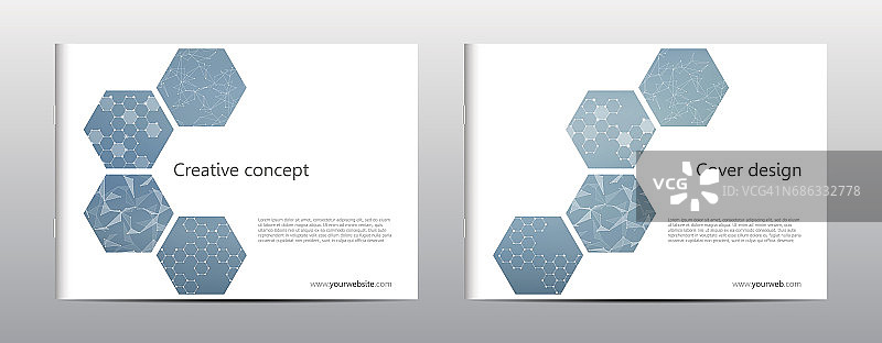 矩形宣传册模板布局，封面，年报，杂志A4大小，六角形分子结构。几何抽象背景。矢量图图片素材