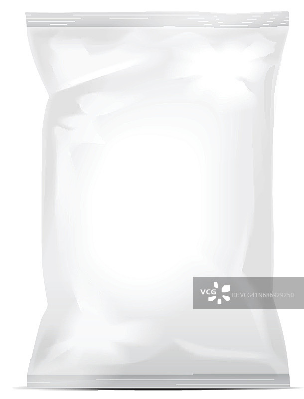 白色空白铝箔袋包装的食品，零食，咖啡，可可，糖果，饼干，坚果，薯条。逼真的塑料包装模型图片素材