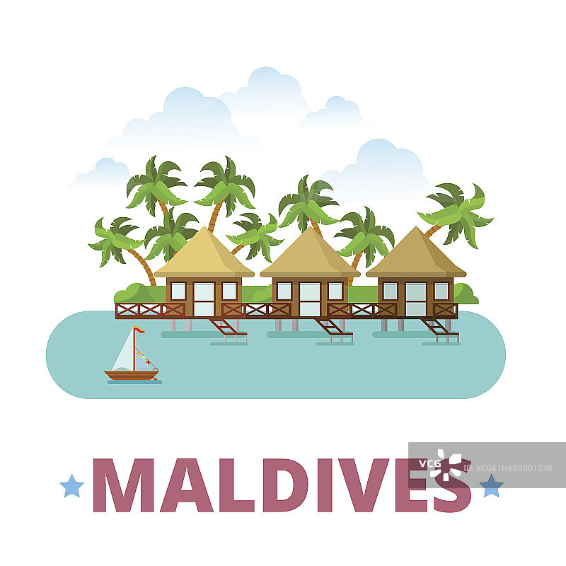 马尔代夫国家徽章冰箱磁铁设计模板。平面卡通风格的历史景观展示网站矢量插图。世界度假旅游观光亚洲亚洲收藏。酒店在水上图片素材