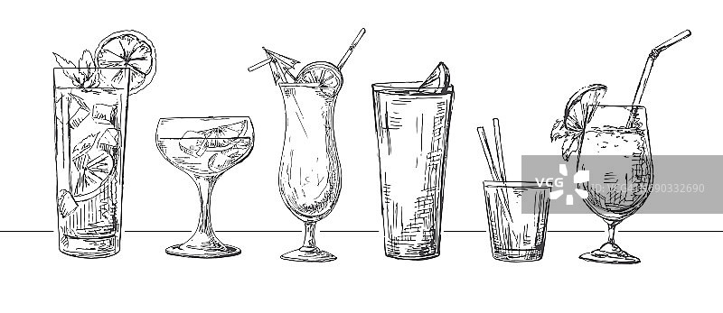 不同的酒杯，不同的鸡尾酒。矢量插图的草图风格。图片素材