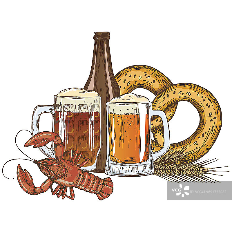 啤酒杯、瓶子和小龙虾图片素材