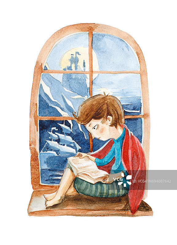 水彩插图孤立的白色背景。有书的男孩梦想着一艘大船，大海和城堡。那个男孩坐在窗户上读冒险书。图片素材