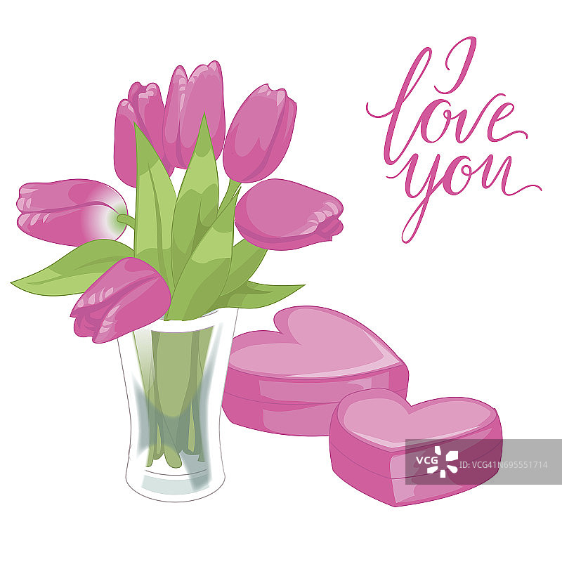 花瓶和两颗粉色的心。花瓶孤立的图标在白色的背景。花瓶的花。粉红色的郁金香。平面风格矢量插图。我爱你的文字图片素材
