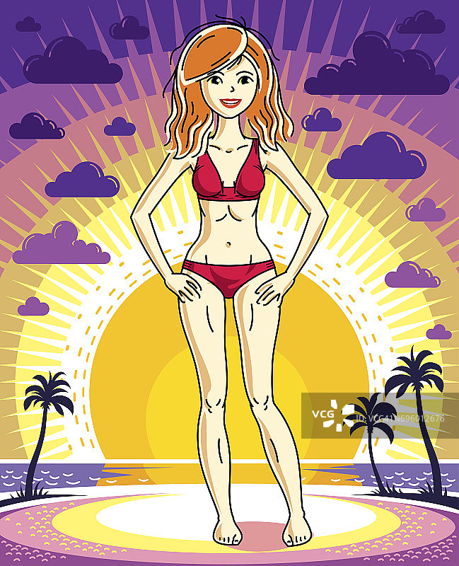 迷人的年轻红发女子站在日落景观与棕榈树和红色泳衣。矢量插图。图片素材