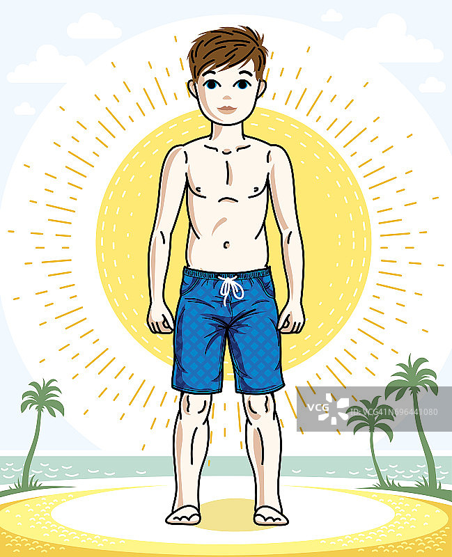 年轻的男孩可爱漂亮的站在五颜六色的时尚沙滩短裤。向量有吸引力的孩子插图。剪纸艺术时尚主题。图片素材