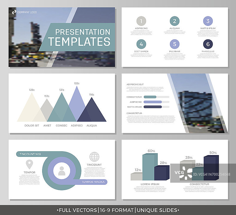一套蓝色和绿松石元素的多用途演示模板幻灯片与图表。传单，公司报告，市场营销，广告，年度报告，书籍封面设计。图片素材