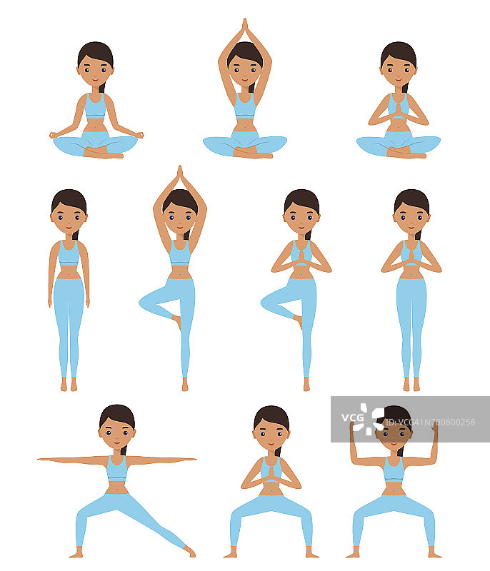 女人站在不同的瑜伽姿势。矢量插图。图片素材