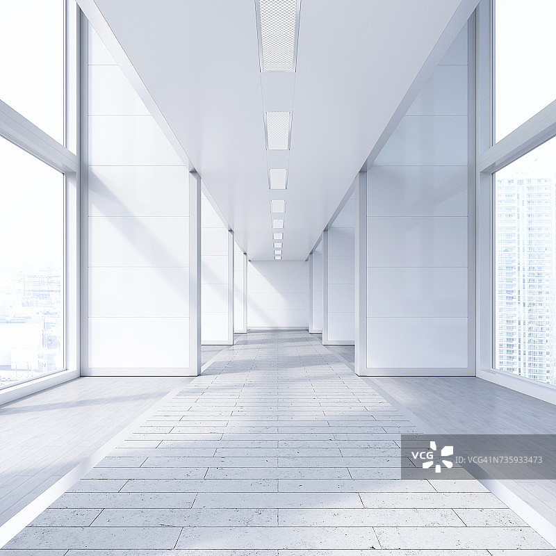 现代办公大楼的空通道，3D渲染图片素材