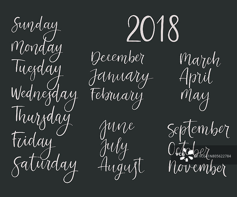 手写的月份，星期的天数。现代书法的日历。矢量图图片素材