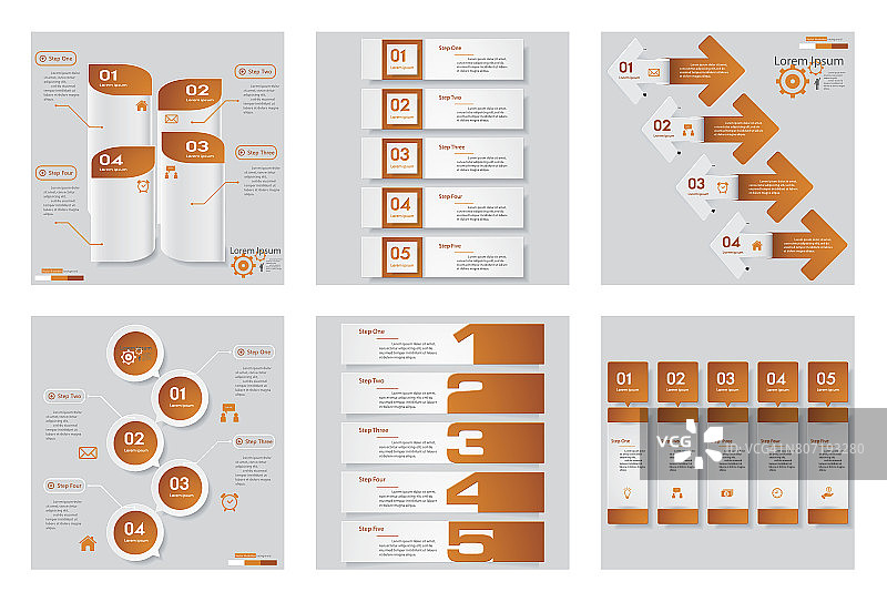 收集6个橙色的信息图设计向量和商业图标。图片素材