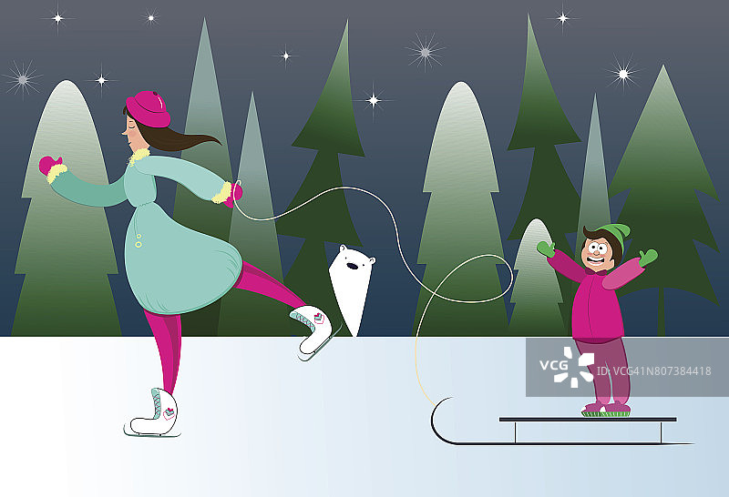 年轻的母亲在溜冰和她的儿子在雪橇上玩得很开心。卡通冬季森林与白熊。矢量图图片素材