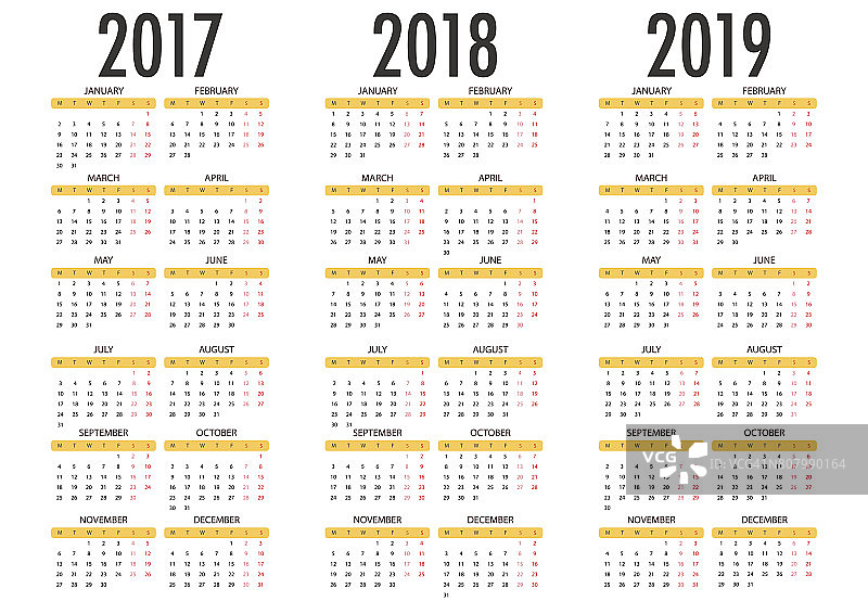 2017年、2018年、2019年的日历以白色背景。图片素材